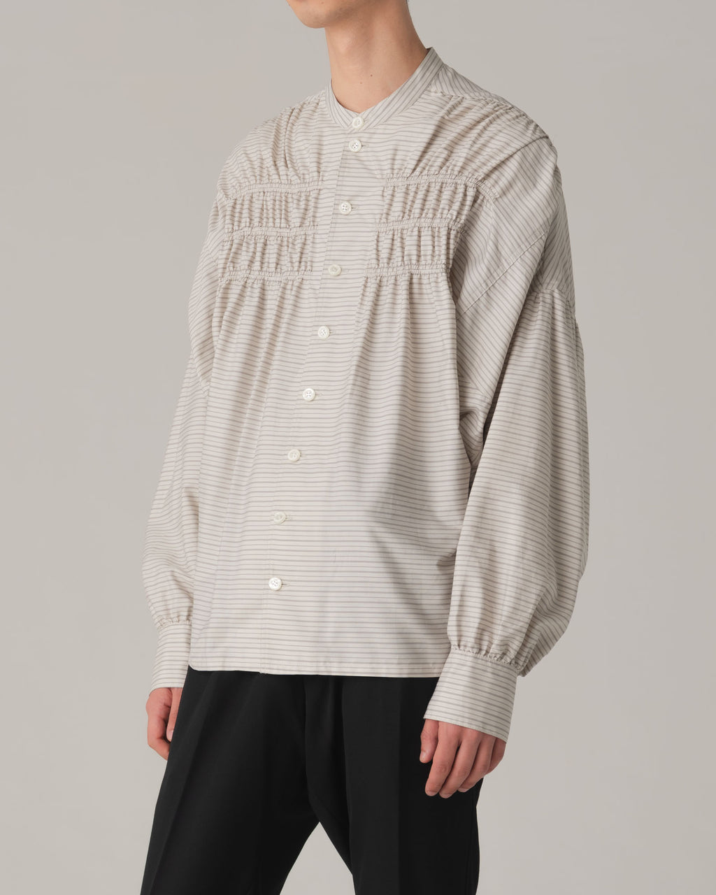 Shirt 87C Henley- Cotton100% Original Stripe- Gather Stitch- White