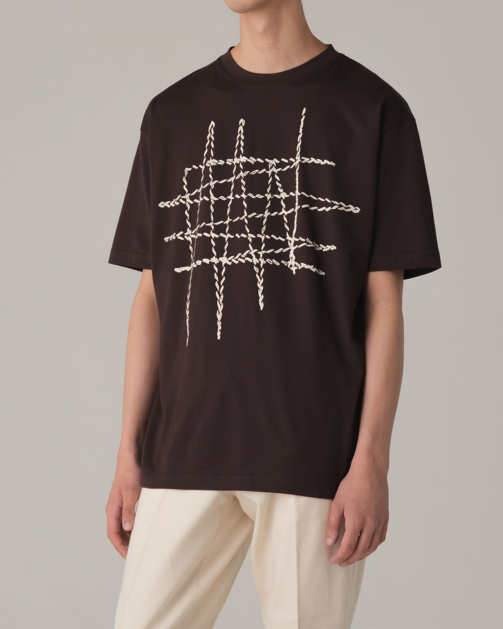Tshirt Printed- Cotton100% Jersey- Embroidered Stitch- Brown