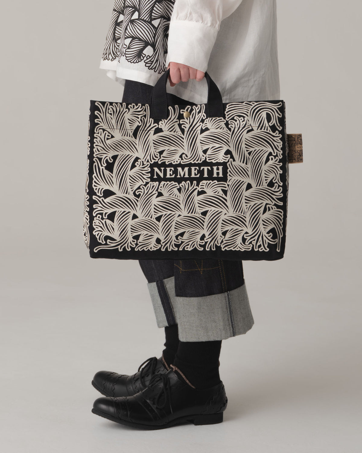 Logo Bag- Cotton100% Canvas- Ivory Logo Print- Black
