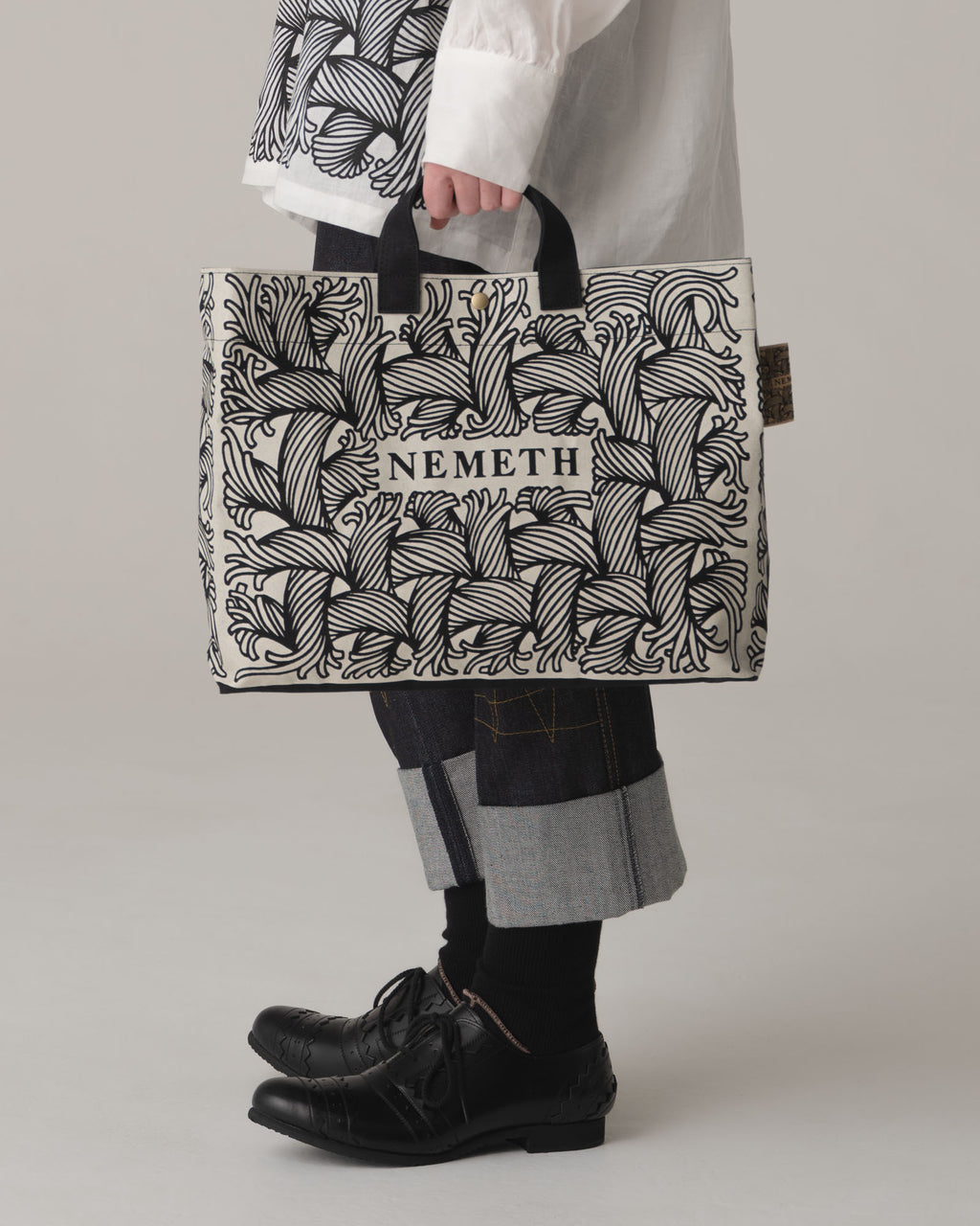 Logo Bag- Cotton100% Canvas- Ivory Negative Logo Print- Black