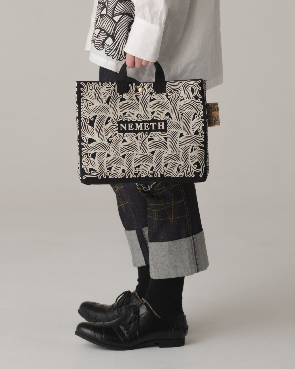 Logo Bag- Cotton100% Canvas- Ivory Logo Print- Black