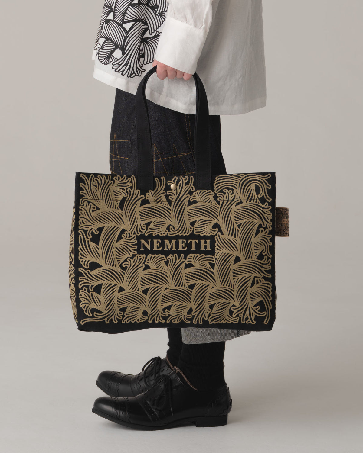 Logo Bag Long Strap- Cotton100% Canvas- Beige Logo Print- Black