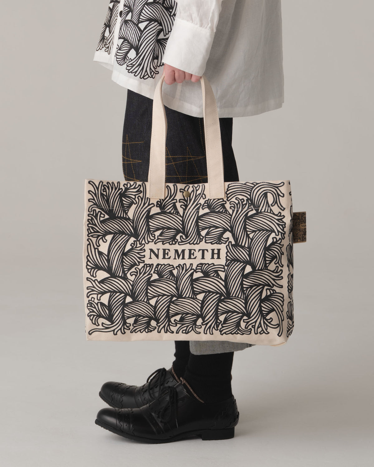 Logo Bag Long Strap- Cotton100% Canvas- Black Logo Print- Natural