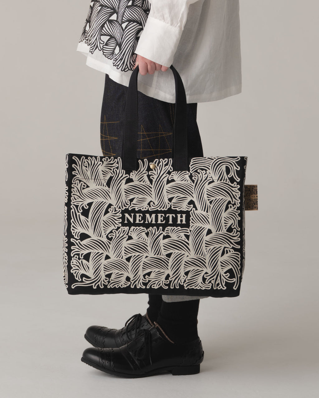 Logo Bag Long Strap- Cotton100% Canvas- Ivory Logo Print- Black