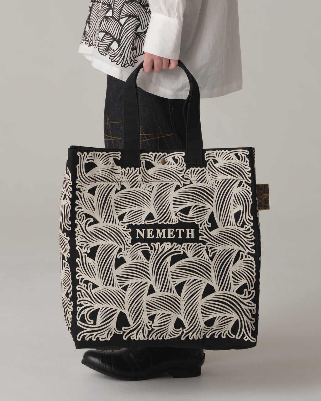 Logo Bag Long Strap- Cotton100% Canvas- Ivory Logo Print- Black