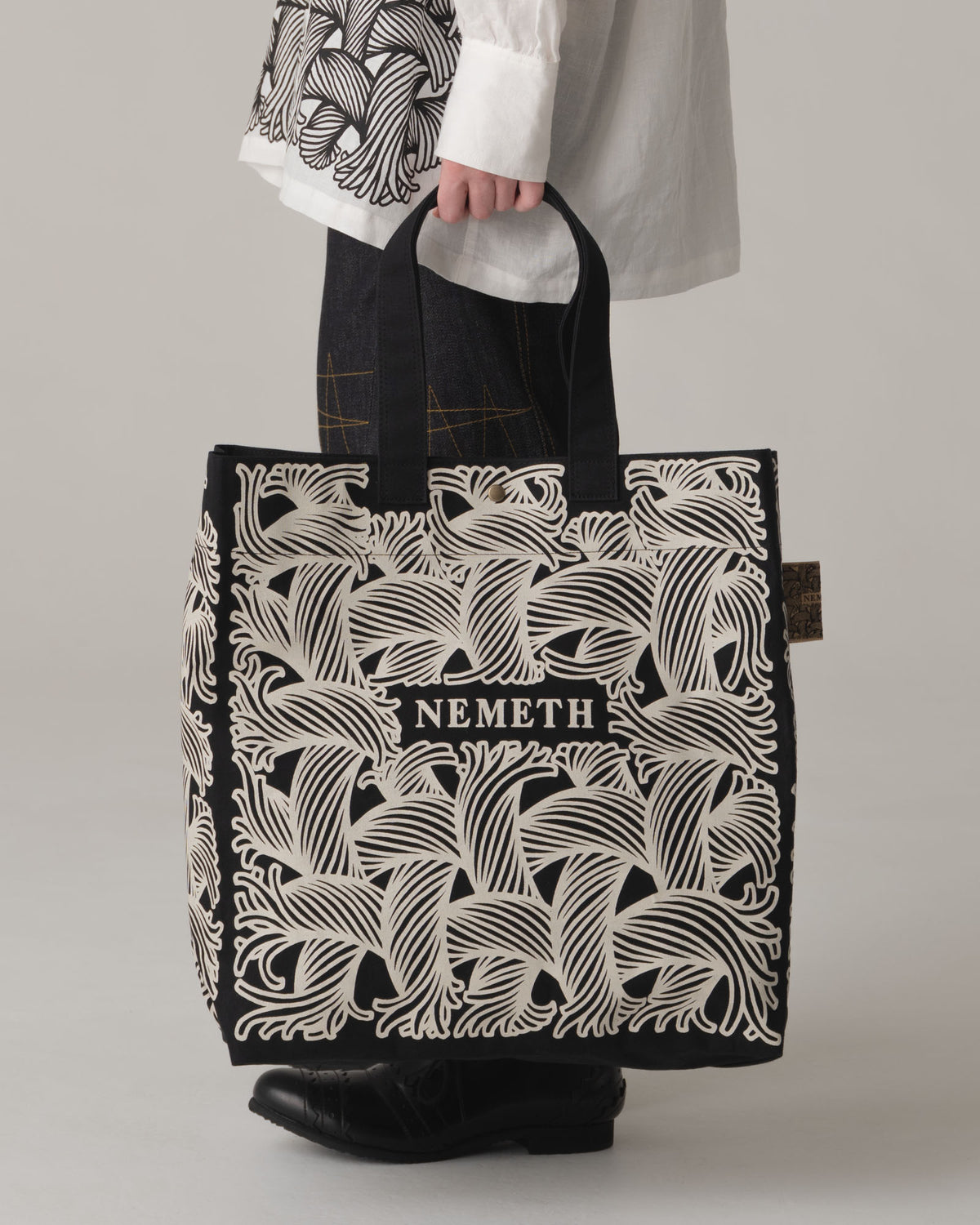 Logo Bag Long Strap- Cotton100% Canvas- Ivory Logo Print- Black