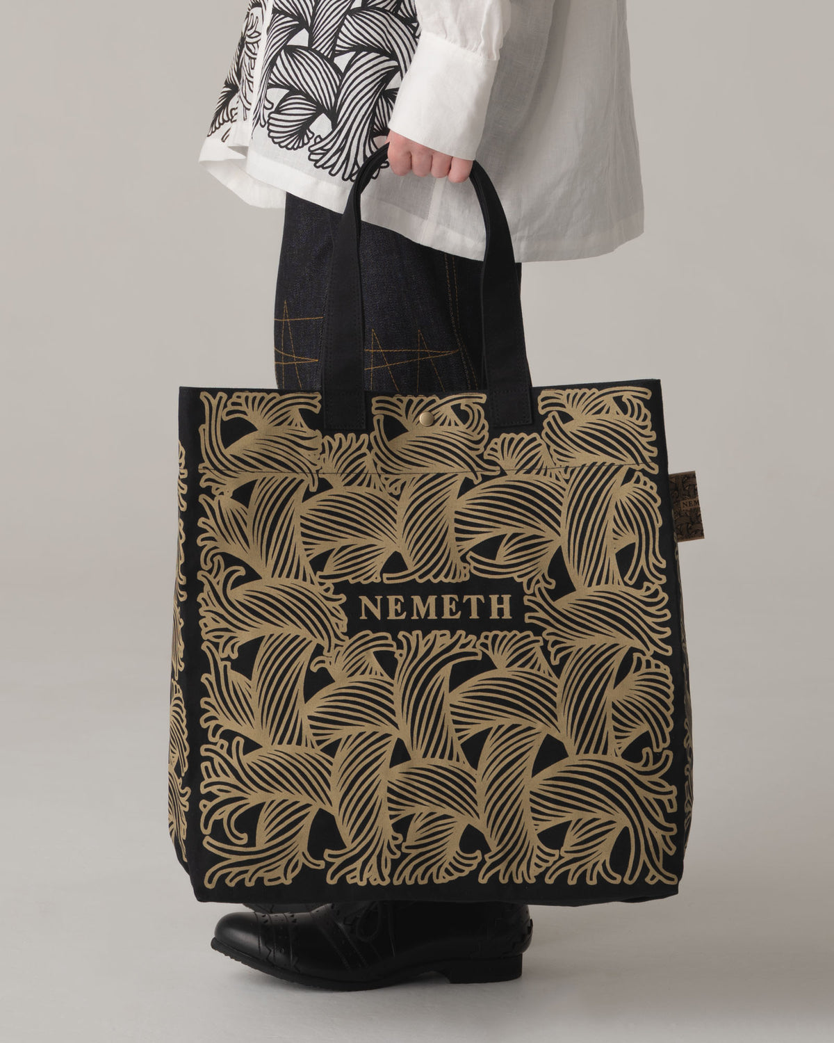 Logo Bag Long Strap- Cotton100% Canvas- Beige Logo Print- Black