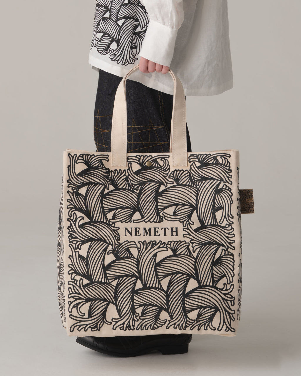 Logo Bag Long Strap- Cotton100% Canvas- Black Logo Print- Natural