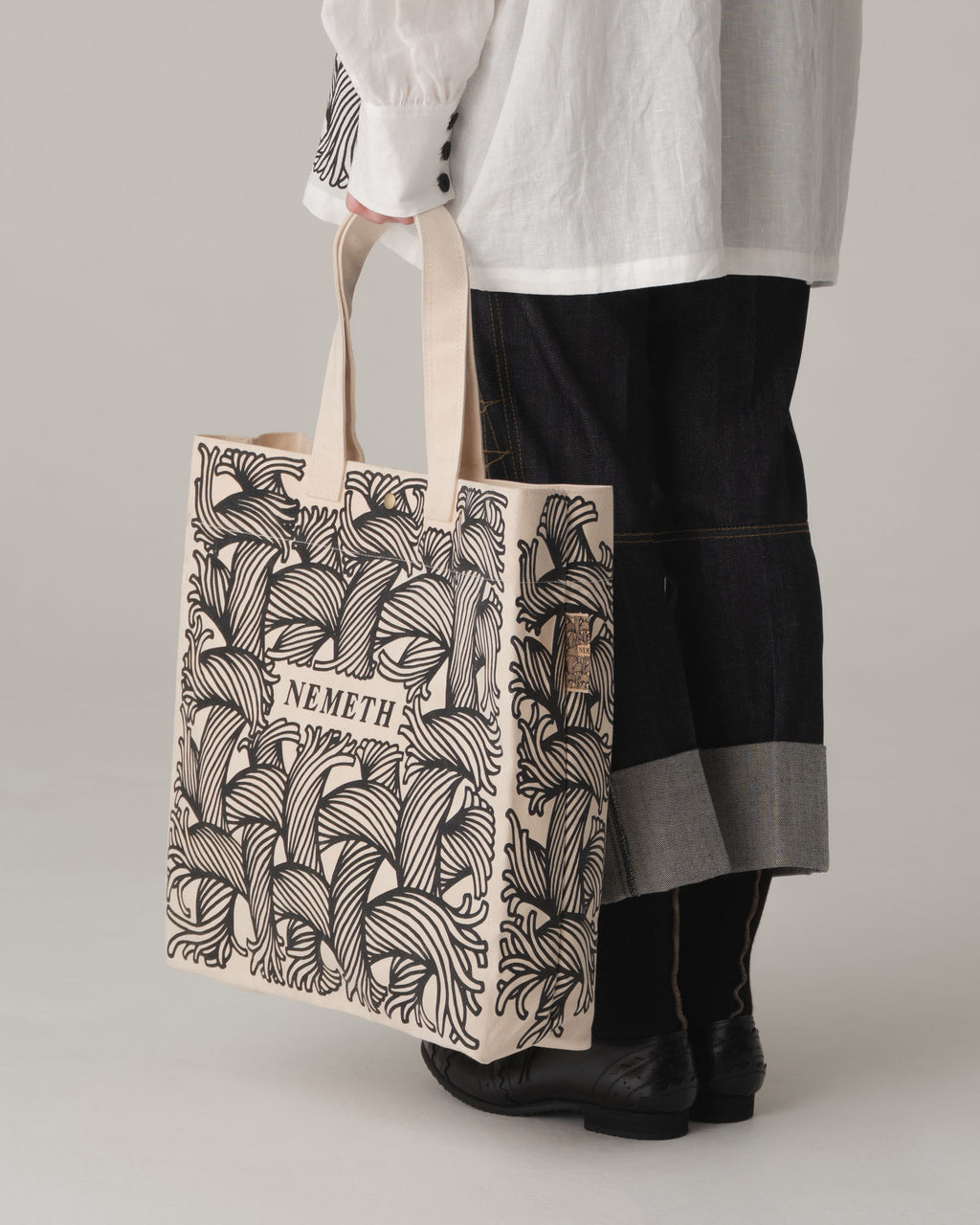 Logo Bag Long Strap- Cotton100% Canvas- Black Logo Print- Natural