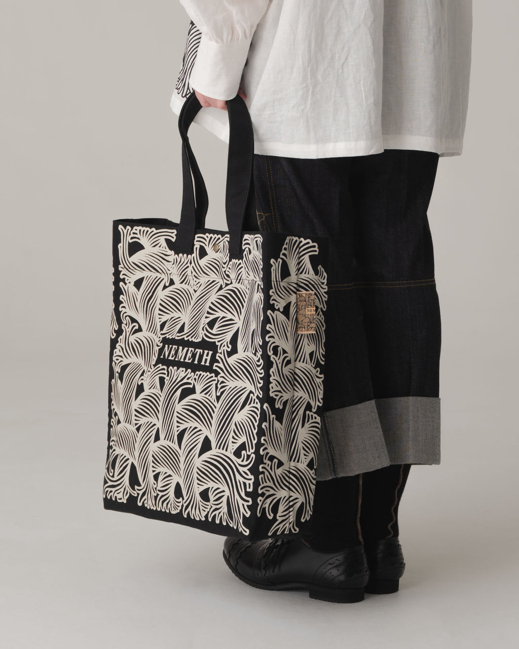 Logo Bag Long Strap- Cotton100% Canvas- Ivory Logo Print- Black