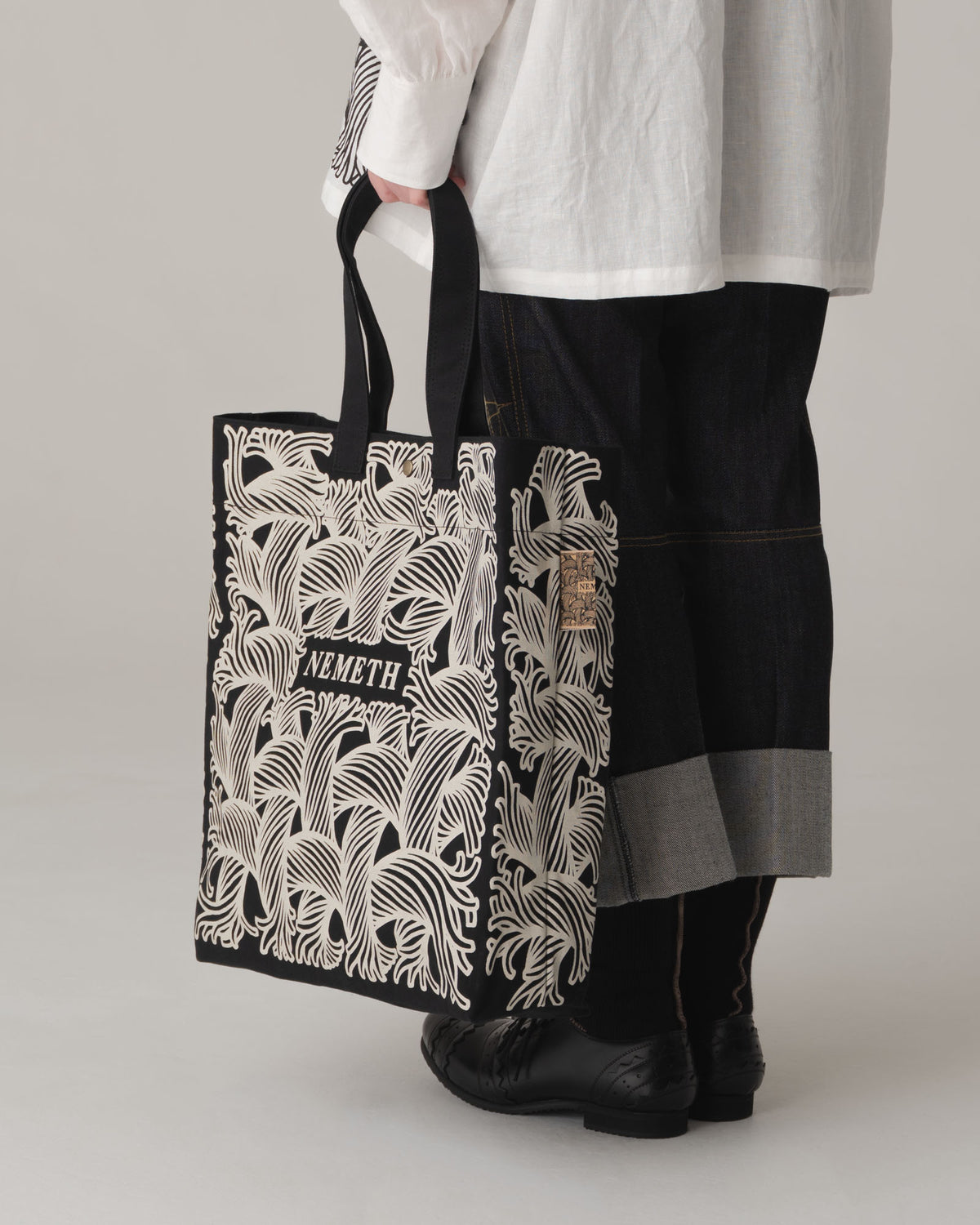 Logo Bag Long Strap- Cotton100% Canvas- Ivory Logo Print- Black