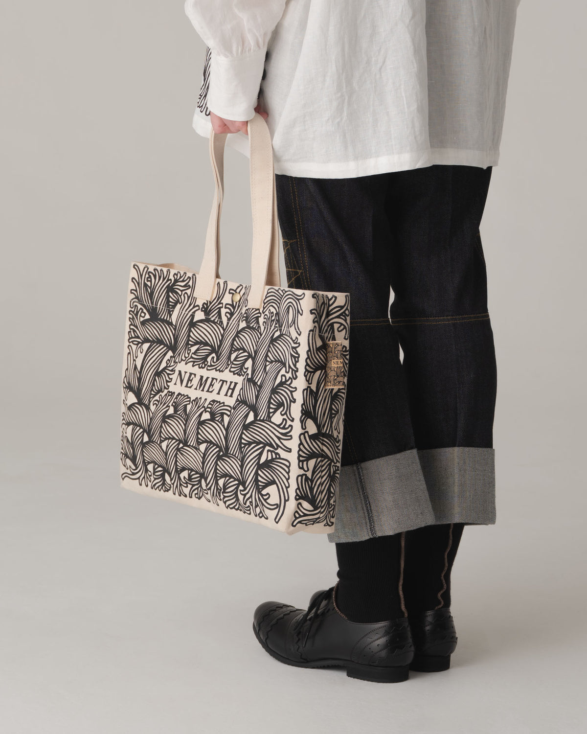 Logo Bag Long Strap- Cotton100% Canvas- Black Logo Print- Natural