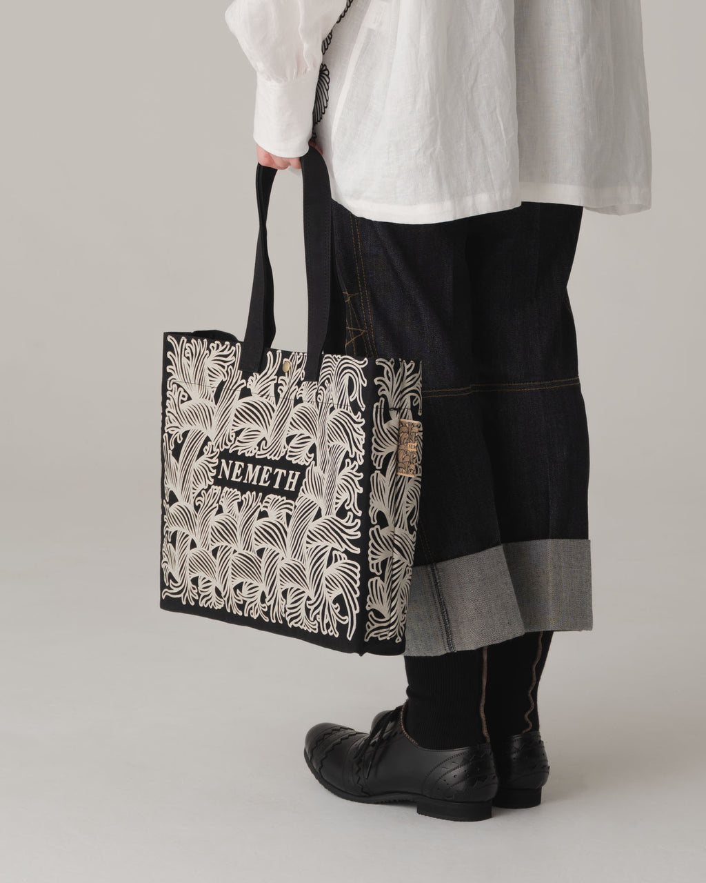 Logo Bag Long Strap- Cotton100% Canvas- Ivory Logo Print- Black