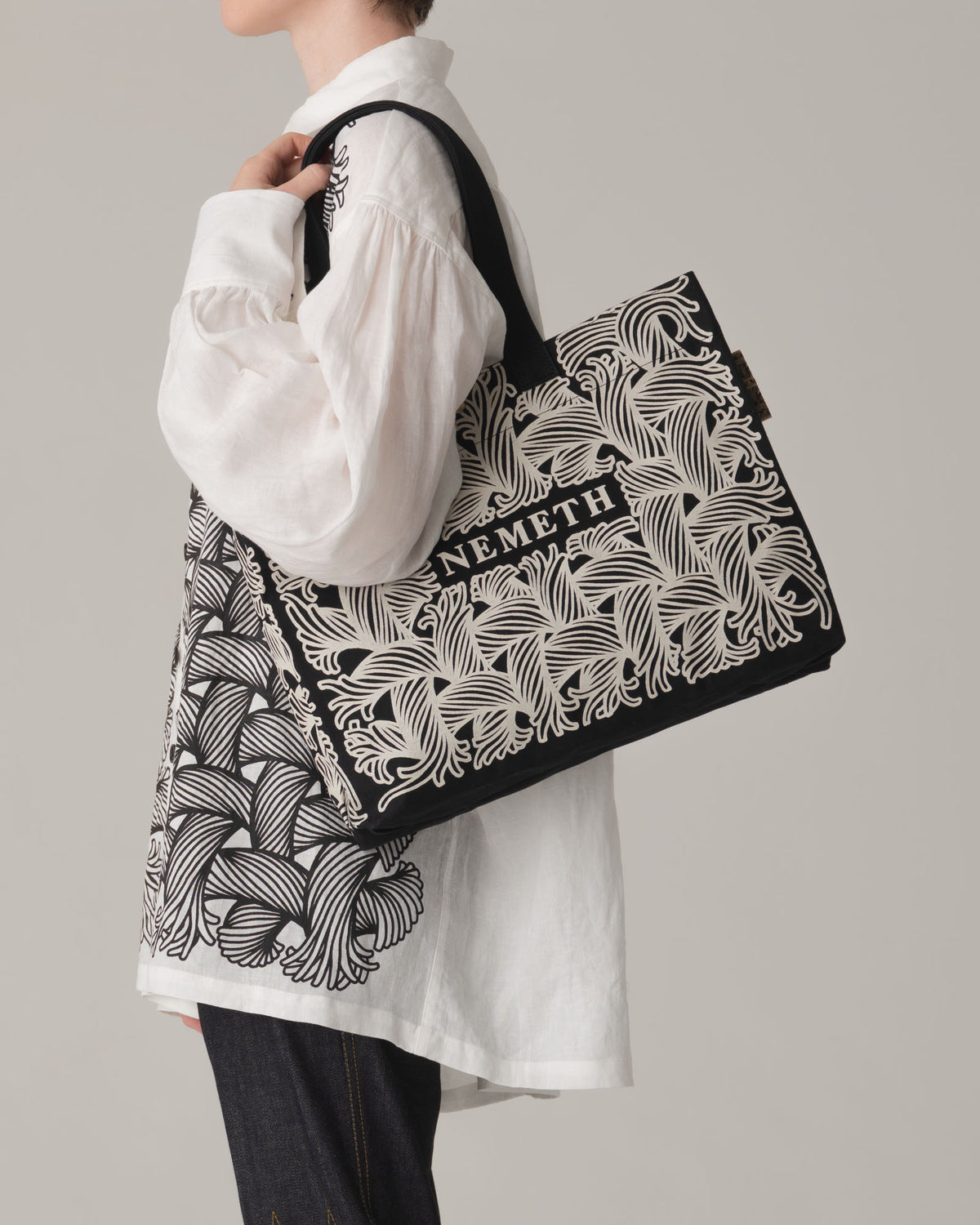 Logo Bag Long Strap- Cotton100% Canvas- Ivory Logo Print- Black