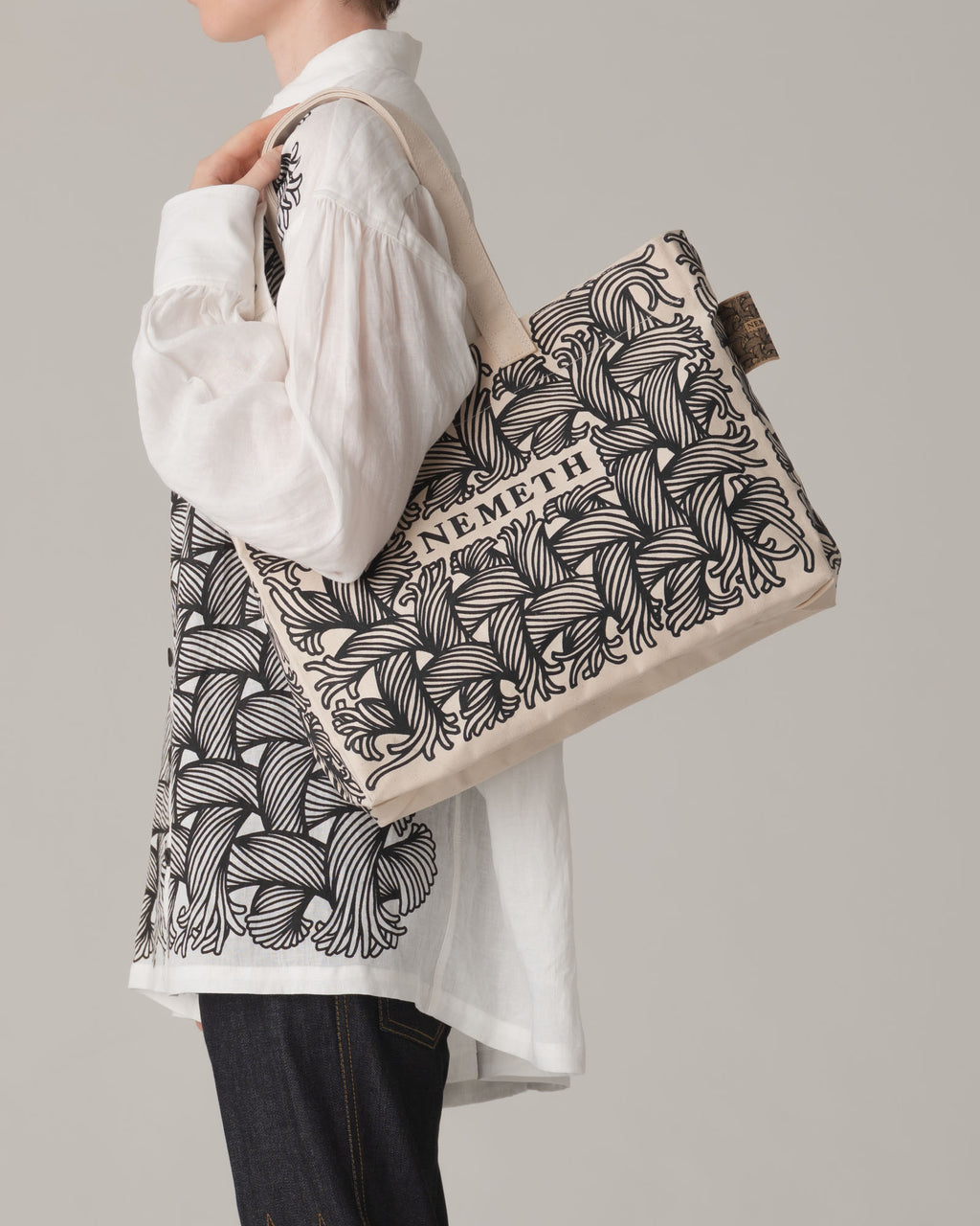Logo Bag Long Strap- Cotton100% Canvas- Black Logo Print- Natural