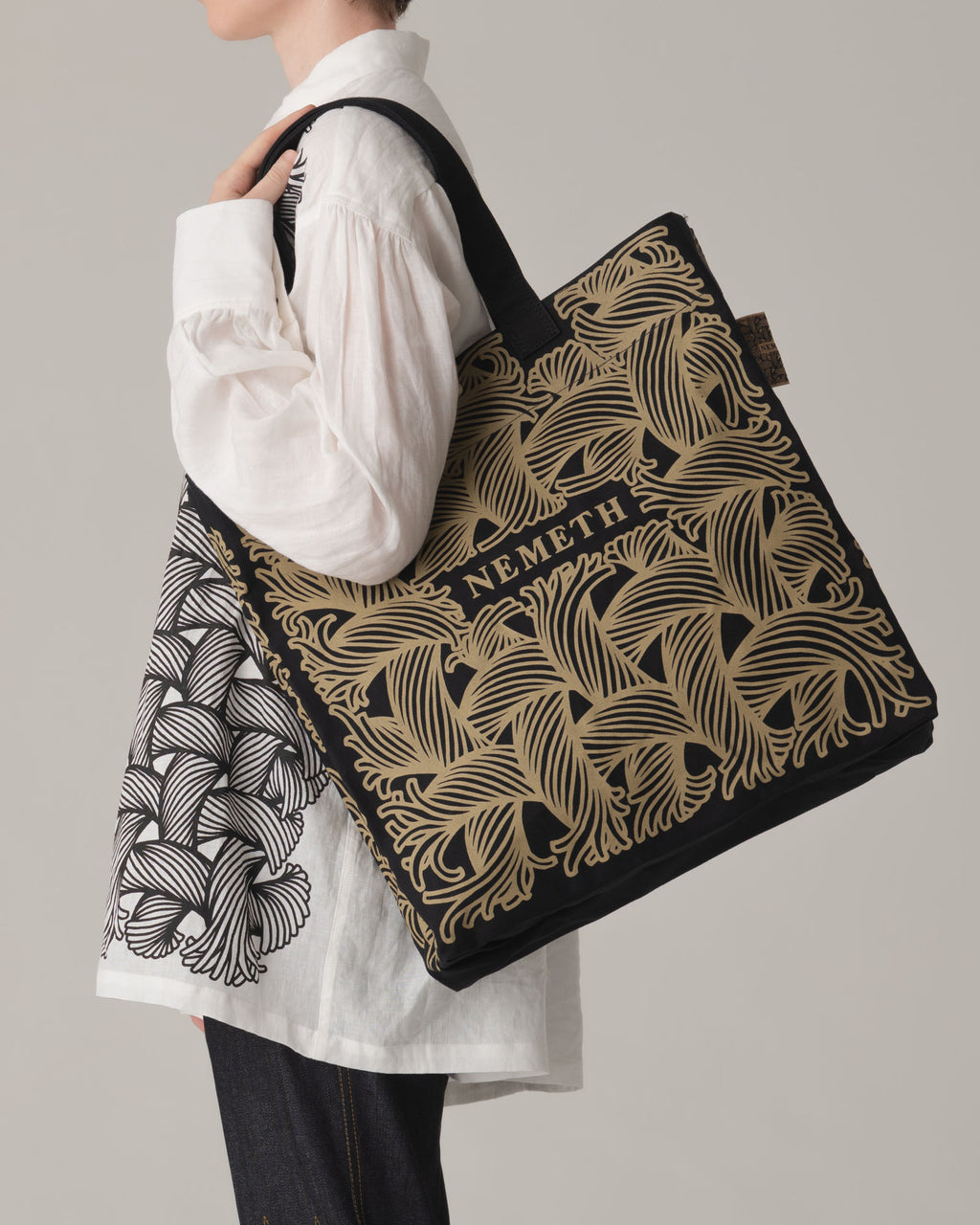 Logo Bag Long Strap- Cotton100% Canvas- Beige Logo Print- Black