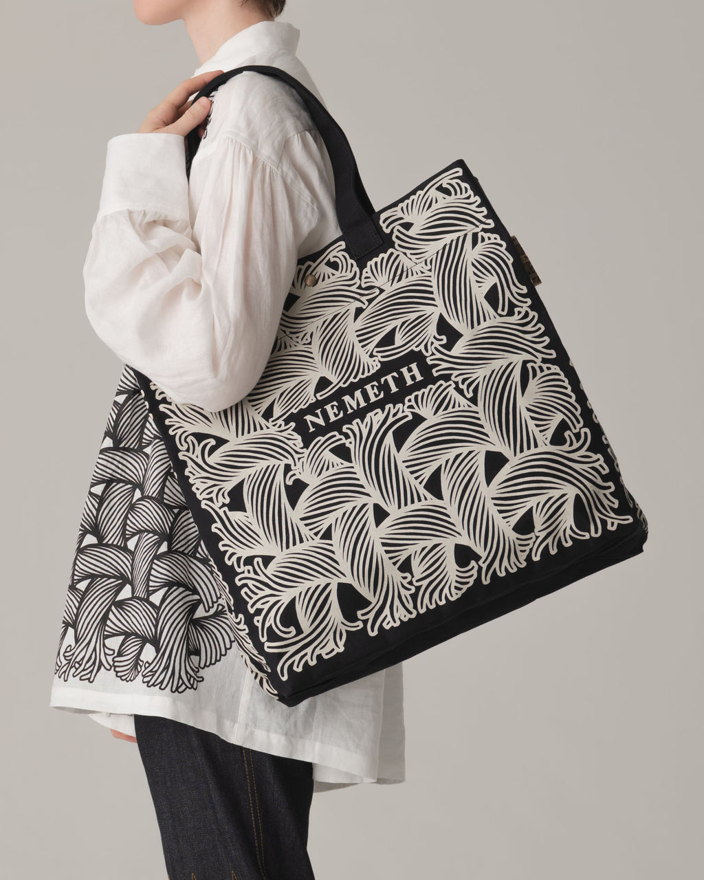 Logo Bag Long Strap- Cotton100% Canvas- Ivory Logo Print- Black