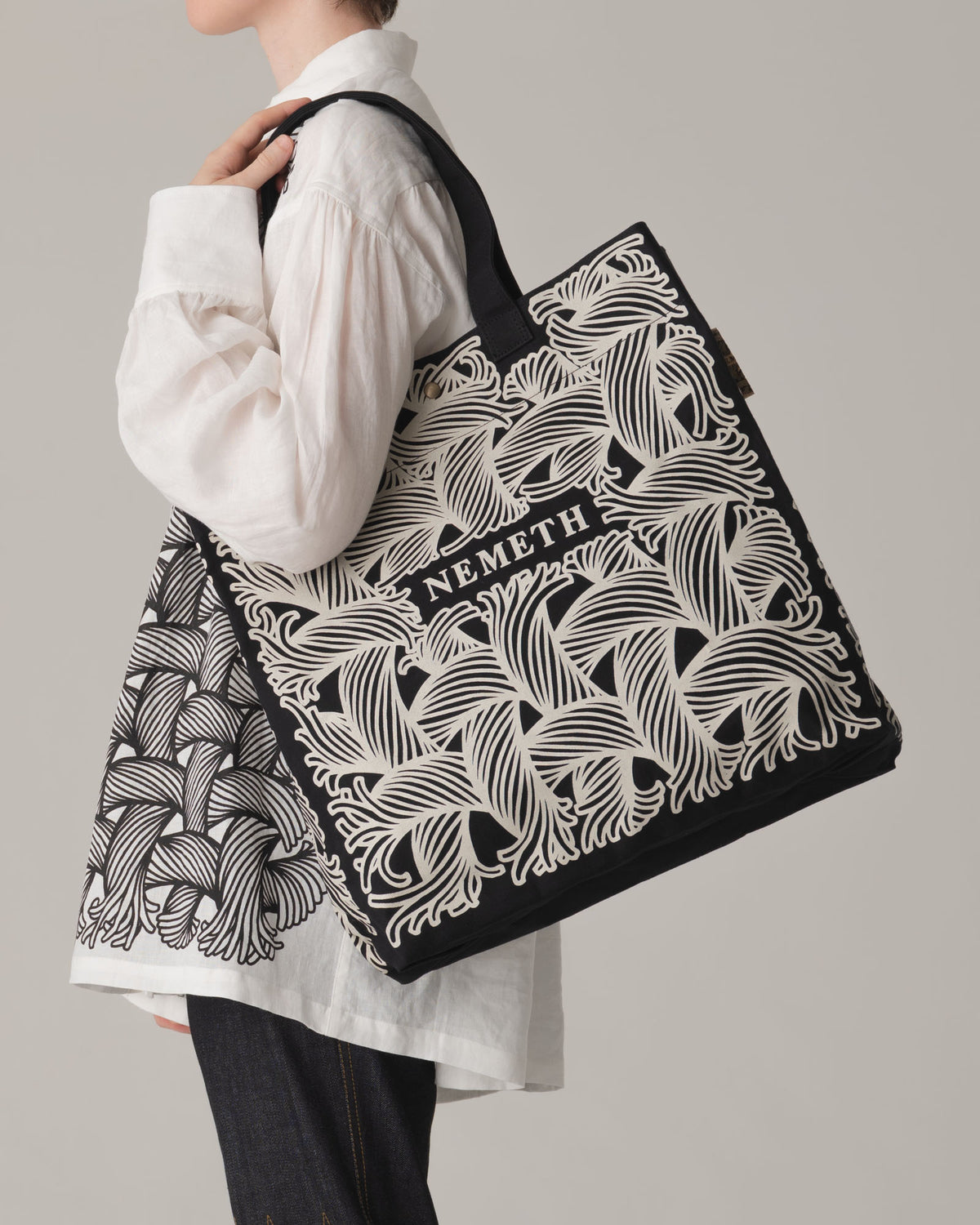 Logo Bag Long Strap- Cotton100% Canvas- Ivory Logo Print- Black