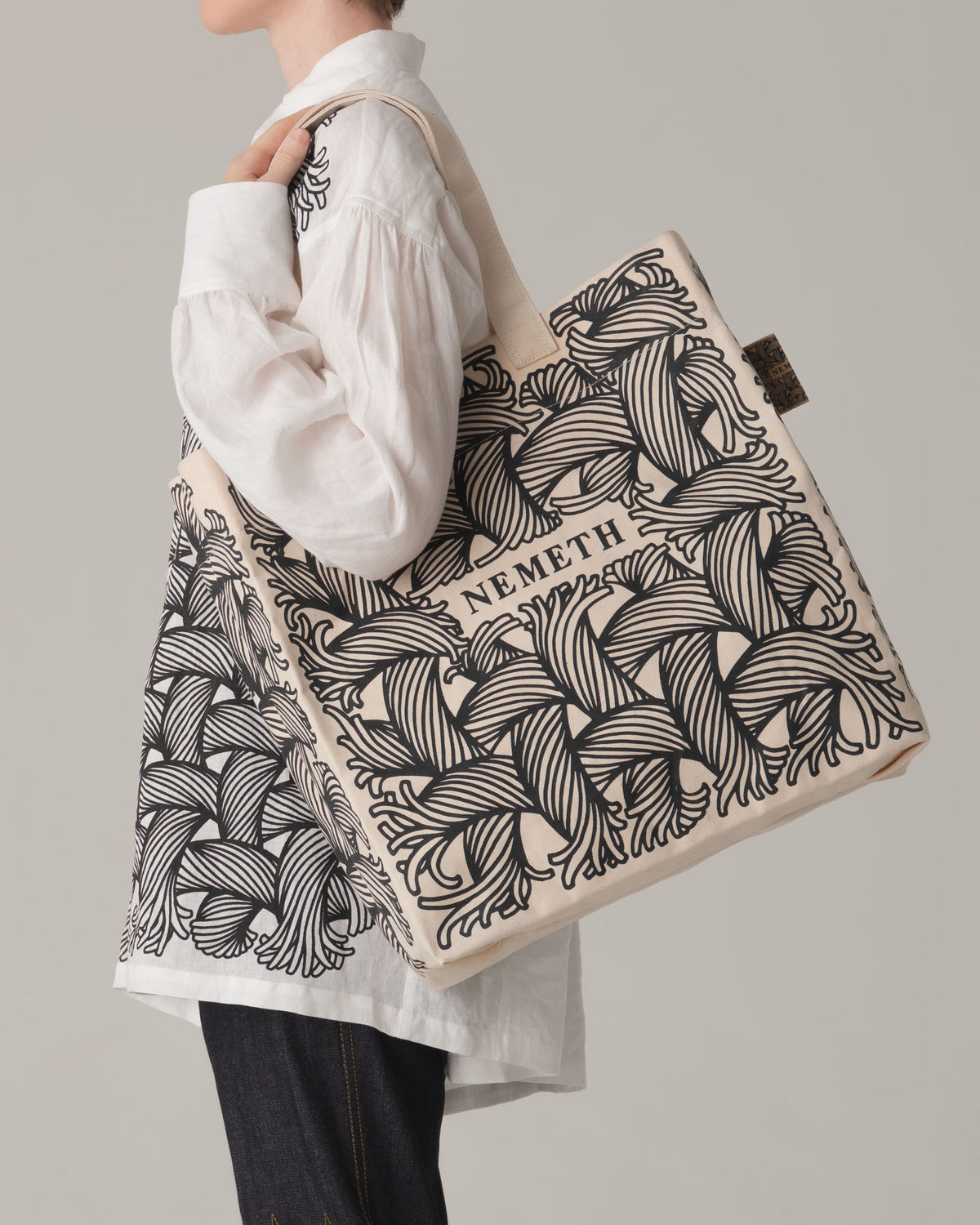 Logo Bag Long Strap- Cotton100% Canvas- Black Logo Print- Natural