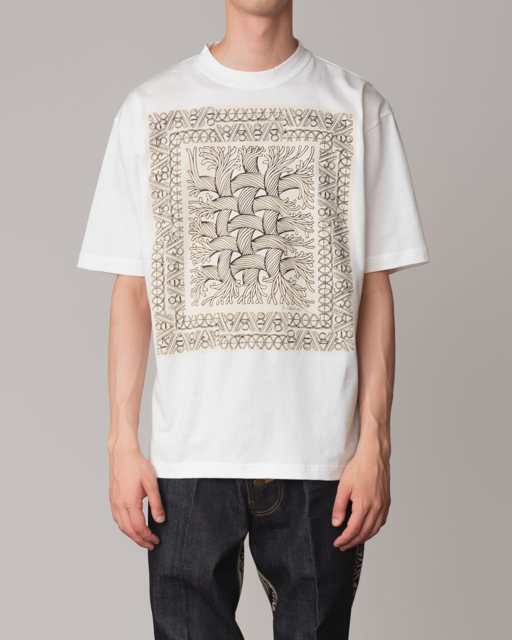 Tシャツプリント - コットン100%ジャージー - ロープペインティング - ホワイトボディ/ベージュプリント
