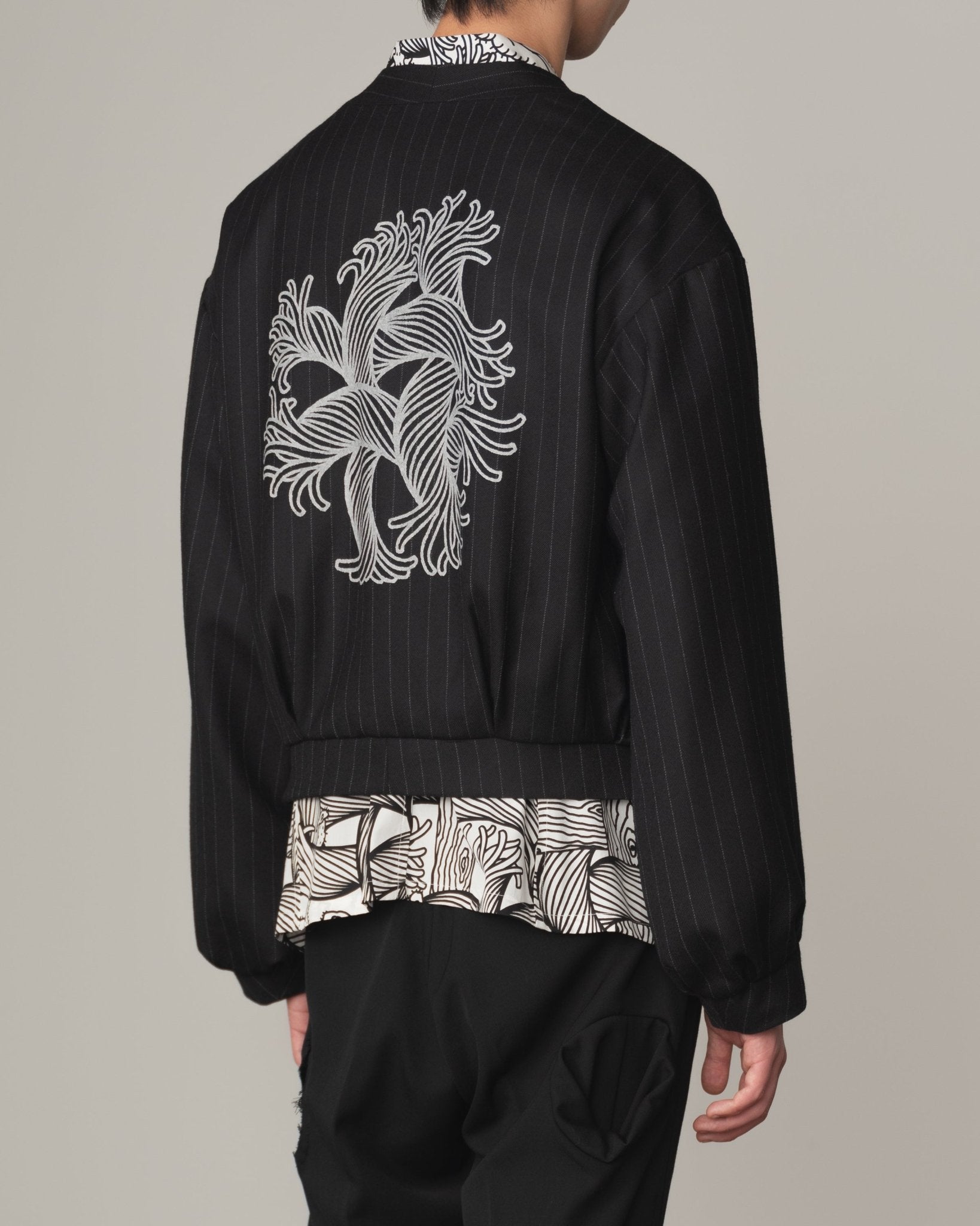 Jacket 8- Wool100% Pin Stripe- Embroidery Back Print- Black