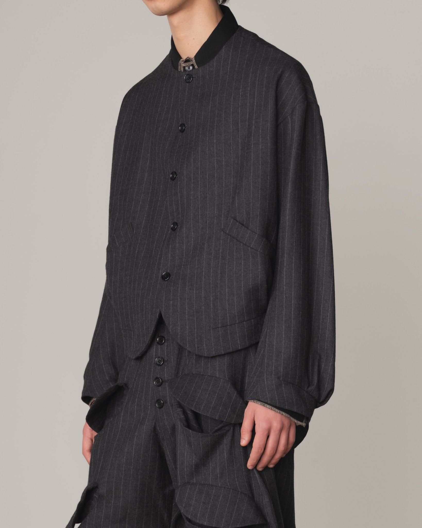 _Jacket 8- Wool100% Pin Stripe- Embroidery Back Print- Charcoal