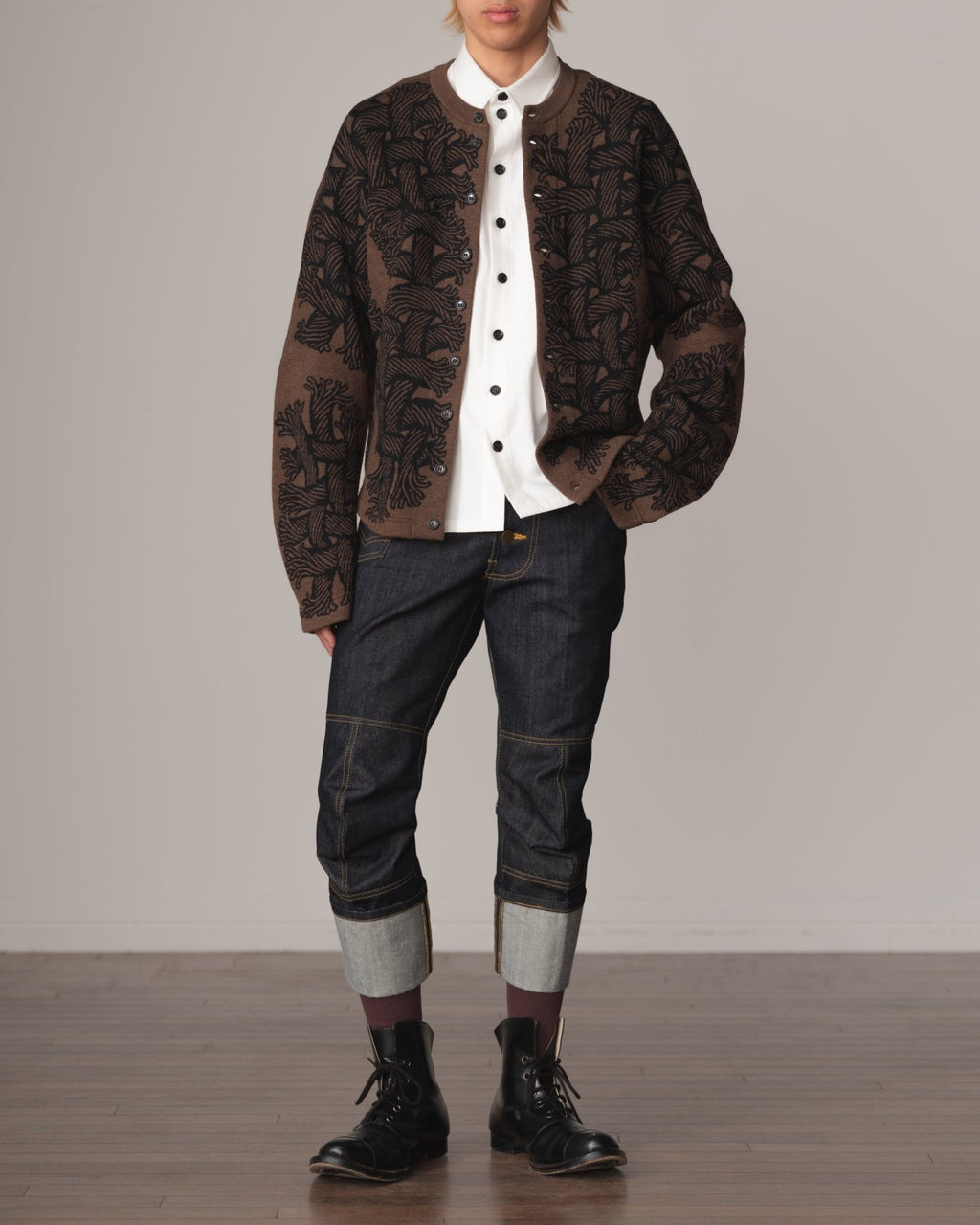 Knit Cardigan 203K - Wool100% Jacquard Knit - 203K Rope - Brown - Christopher Nemeth - Tops - Christopher Nemeth - 9999-11863