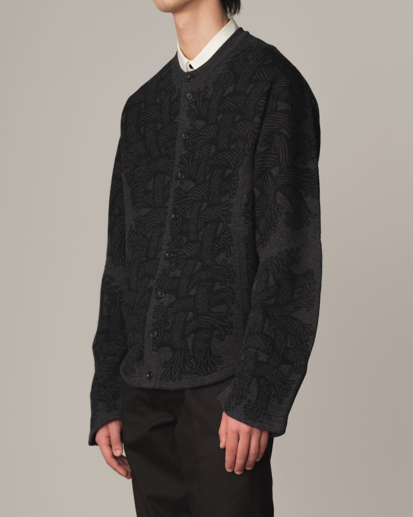 Knit Cardigan 203K - Wool100% Jacquard Knit - 203K Rope - Charcoal - Christopher Nemeth - Tops - Shop - 9-00040-00