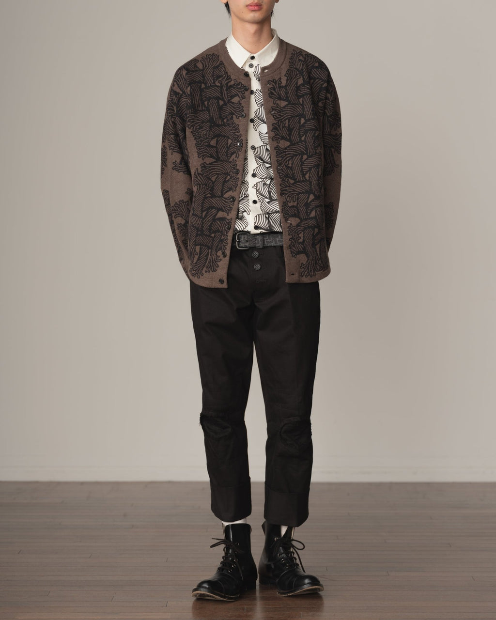 Knit Cardigan 203K - Wool100% Jacquard Knit - 203K Rope - Light Brown - Christopher Nemeth - Tops - Shop - 9999-11864