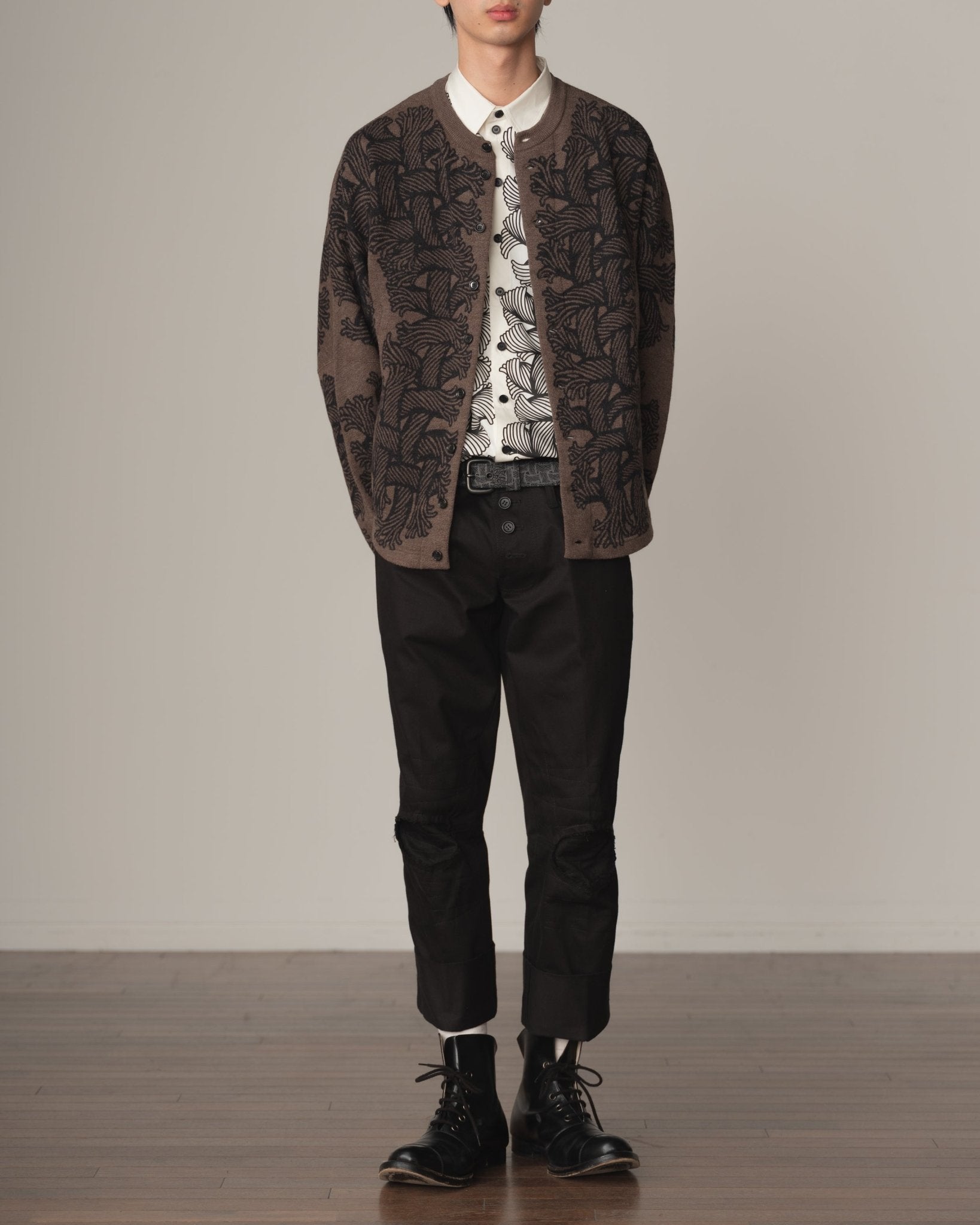 Knit Cardigan 203K - Wool100% Jacquard Knit - 203K Rope - Light Brown - Christopher Nemeth - Tops - Shop - 9999-11864