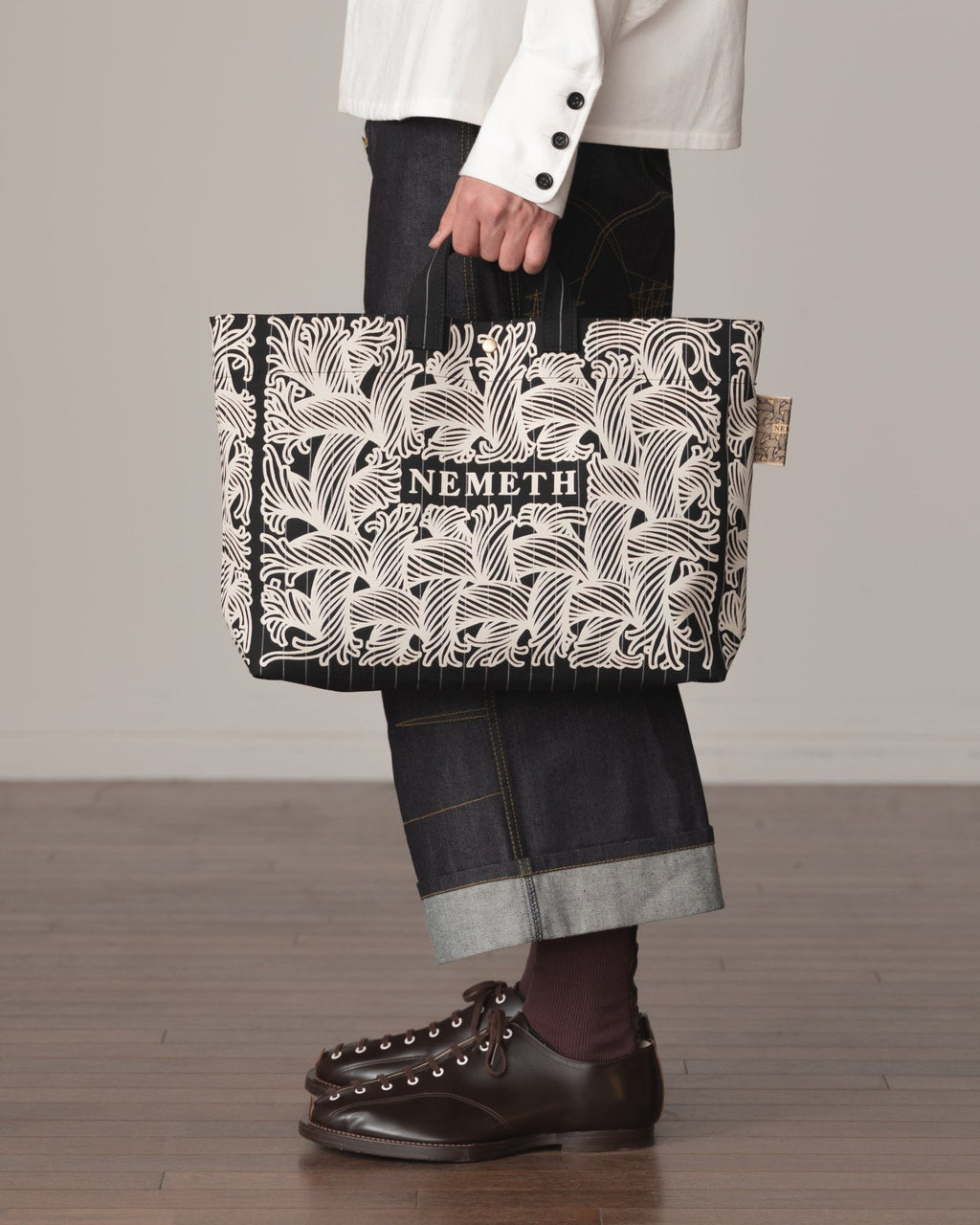 Logo Bag- Wool100% Tropical White Stripes- White Logo Print- Black