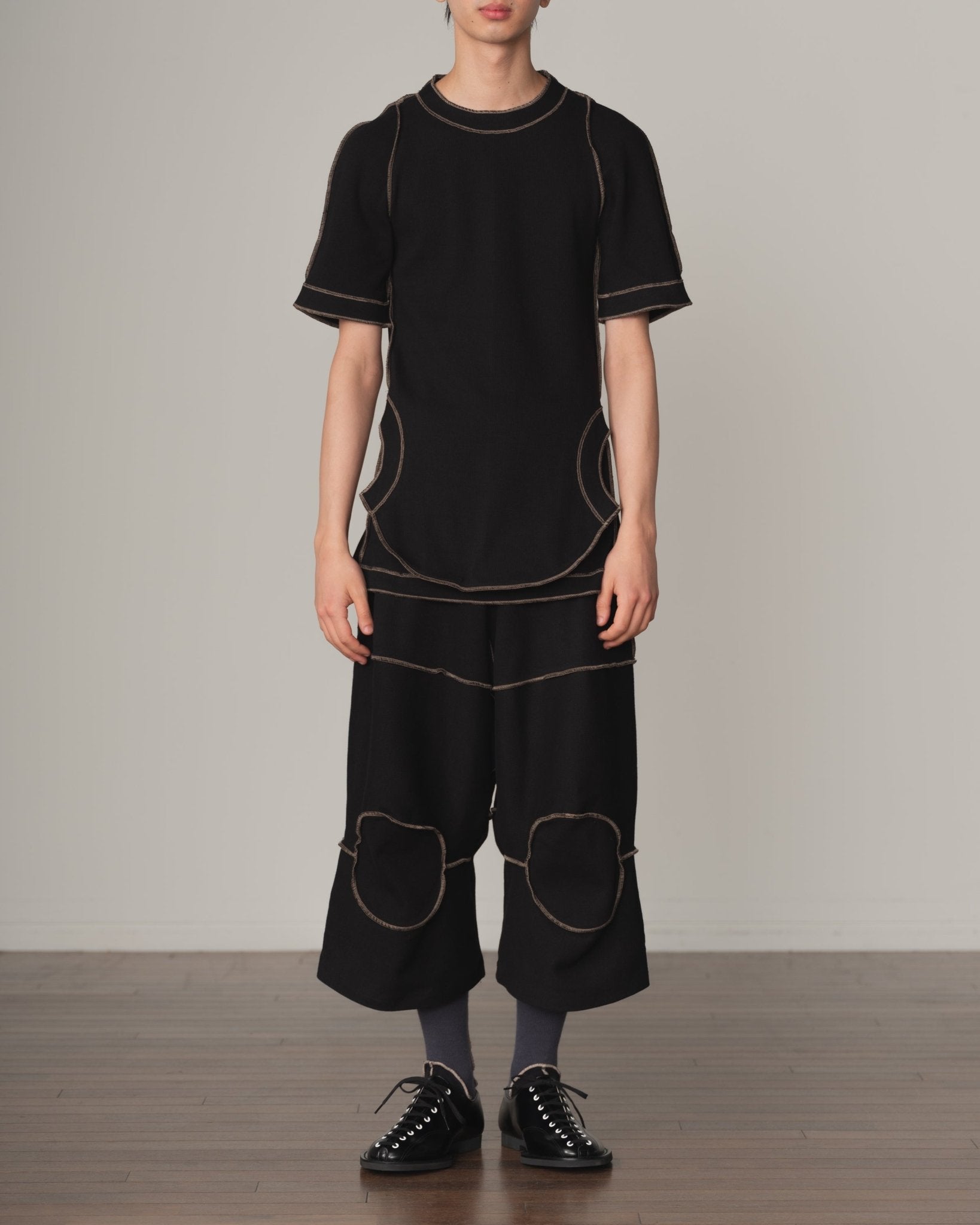 Trousers 103 Wide- Cotton100% Span- Beige Stitch- Black