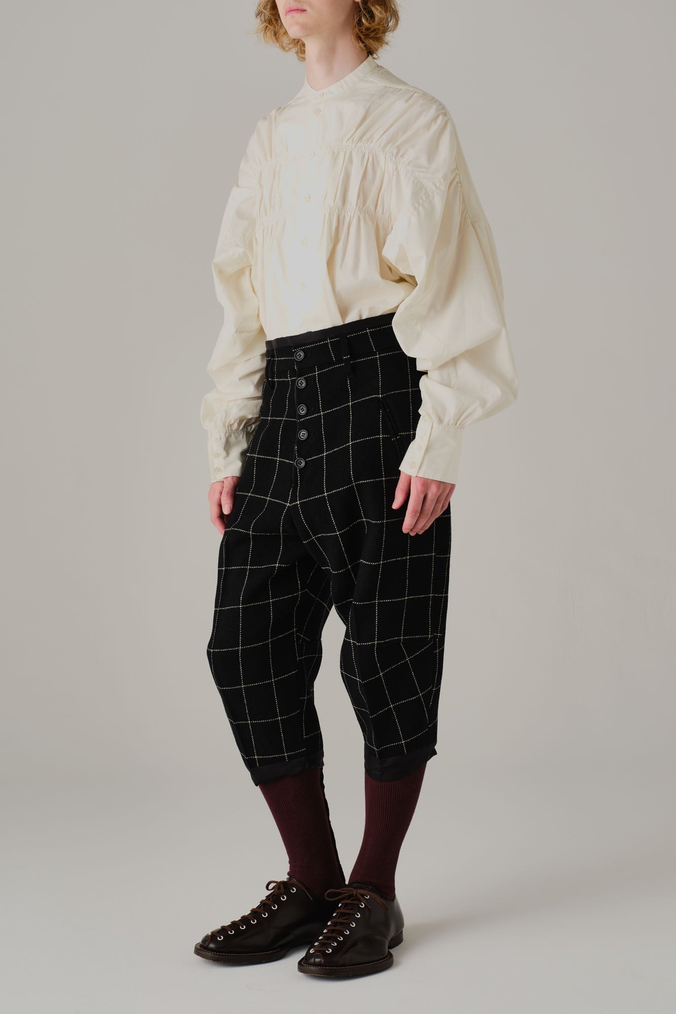 【TAAKK】FUR TWEED BELT PANTS Trousers 438- Wool100% Windowpane Tweed- Black – Christopher Nemeth