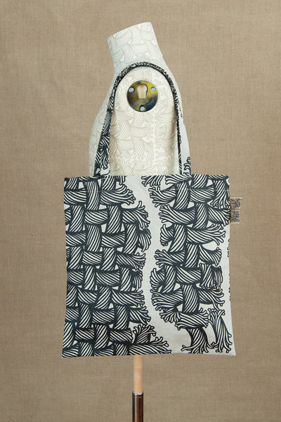 Tote Bag Long Strap- Linen100%- Isle Rope Print- Raw